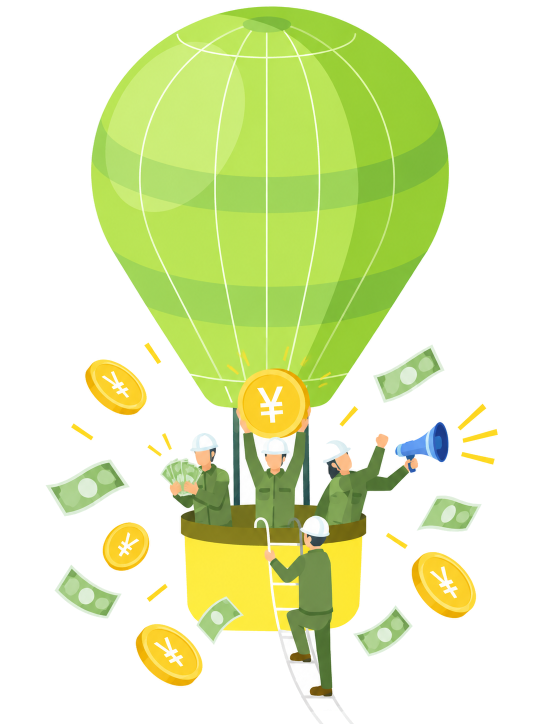 お金を運ぶ熱気球のイラスト